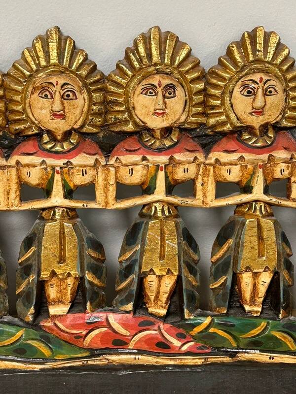 Balinese wall panel carved wood gilded polychrome dragon procession