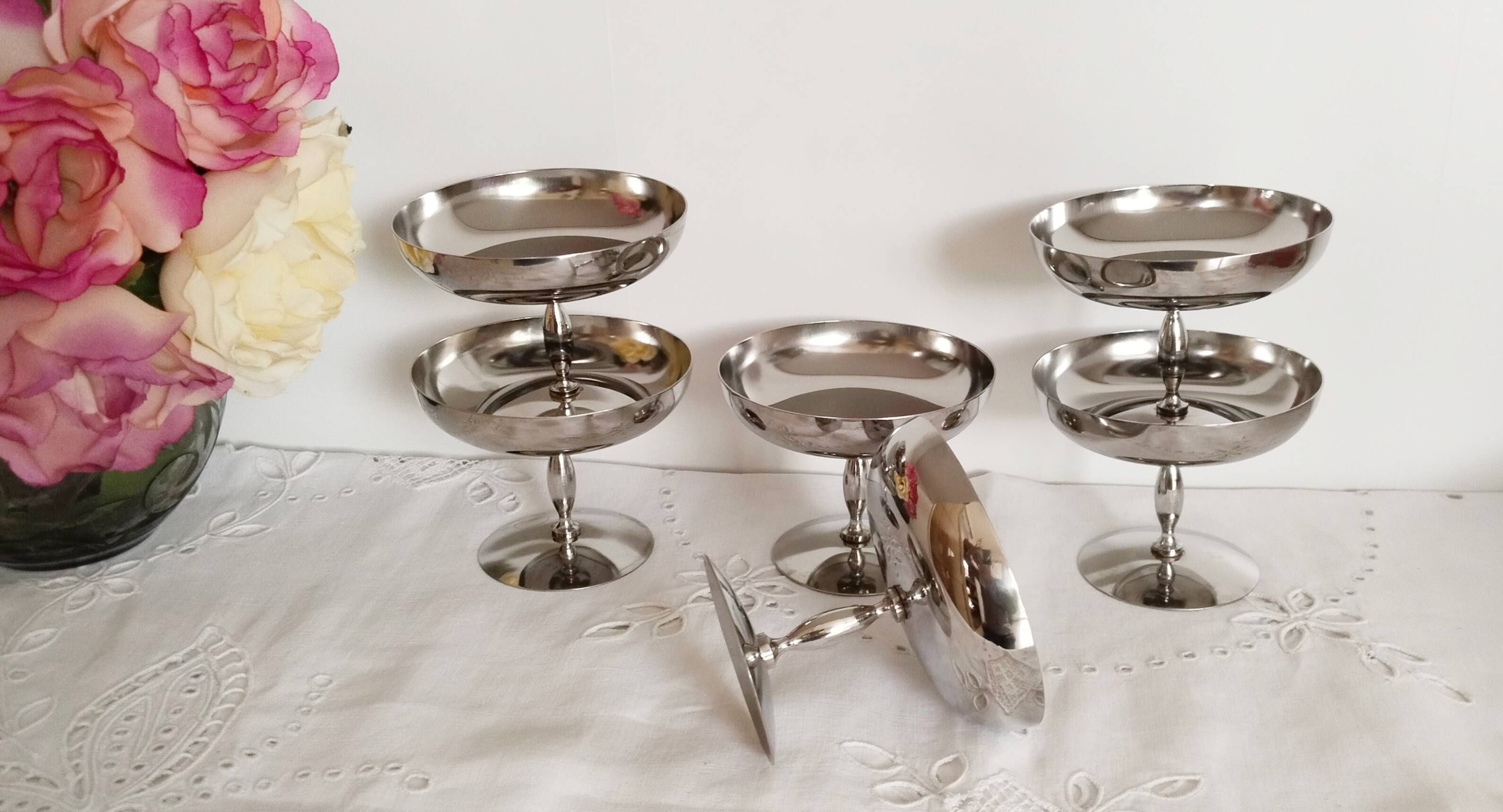 Set of 6 vintage ice cream cups on foot, in 18/10 stainless steel (ref 18)