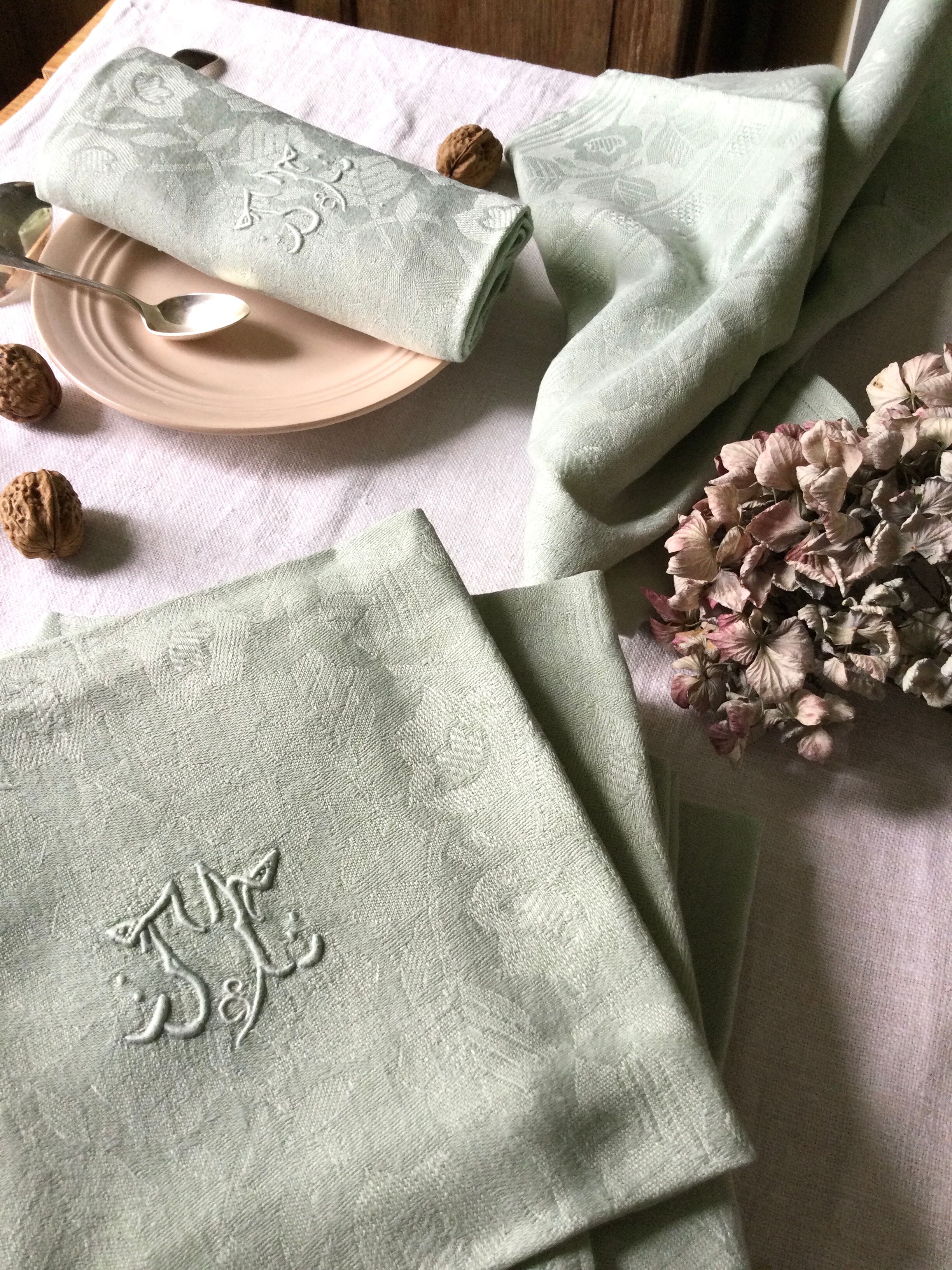 Set of six old damasked napkins dyed in celadon green