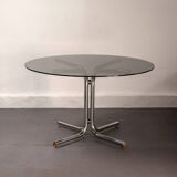 Round dining table in smoked glass and chrome-plated steel, Italy, 1970