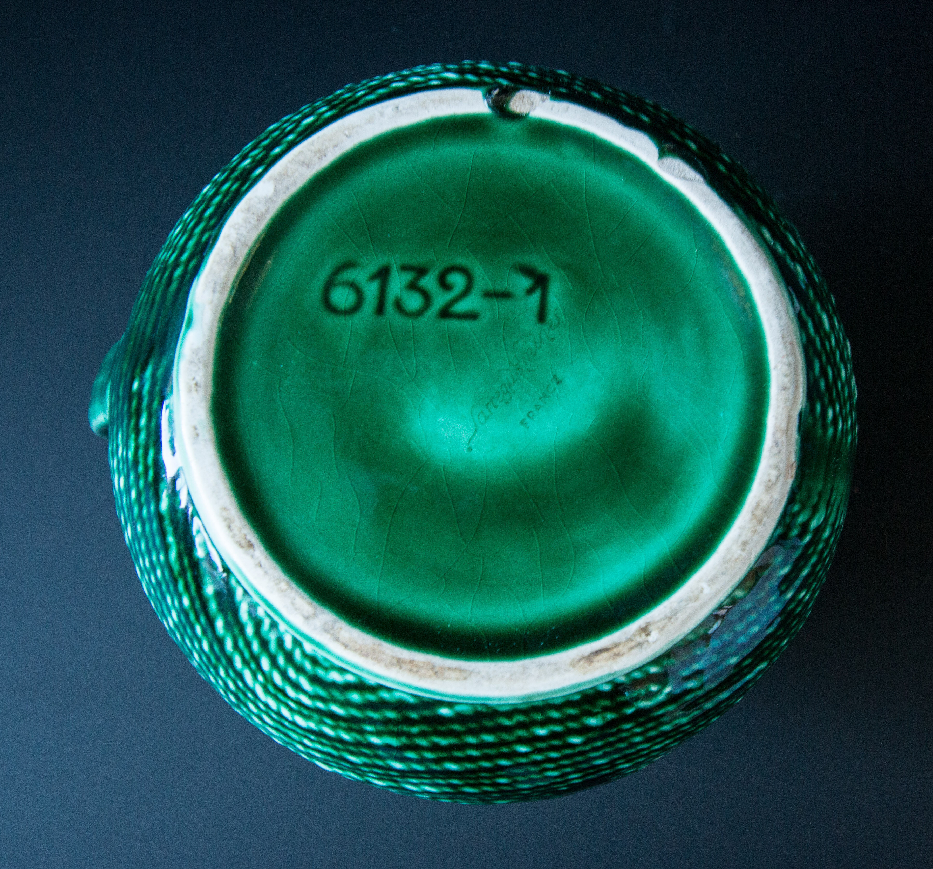 Green pitcher Sarreguemines Digoin vintage 60s slip