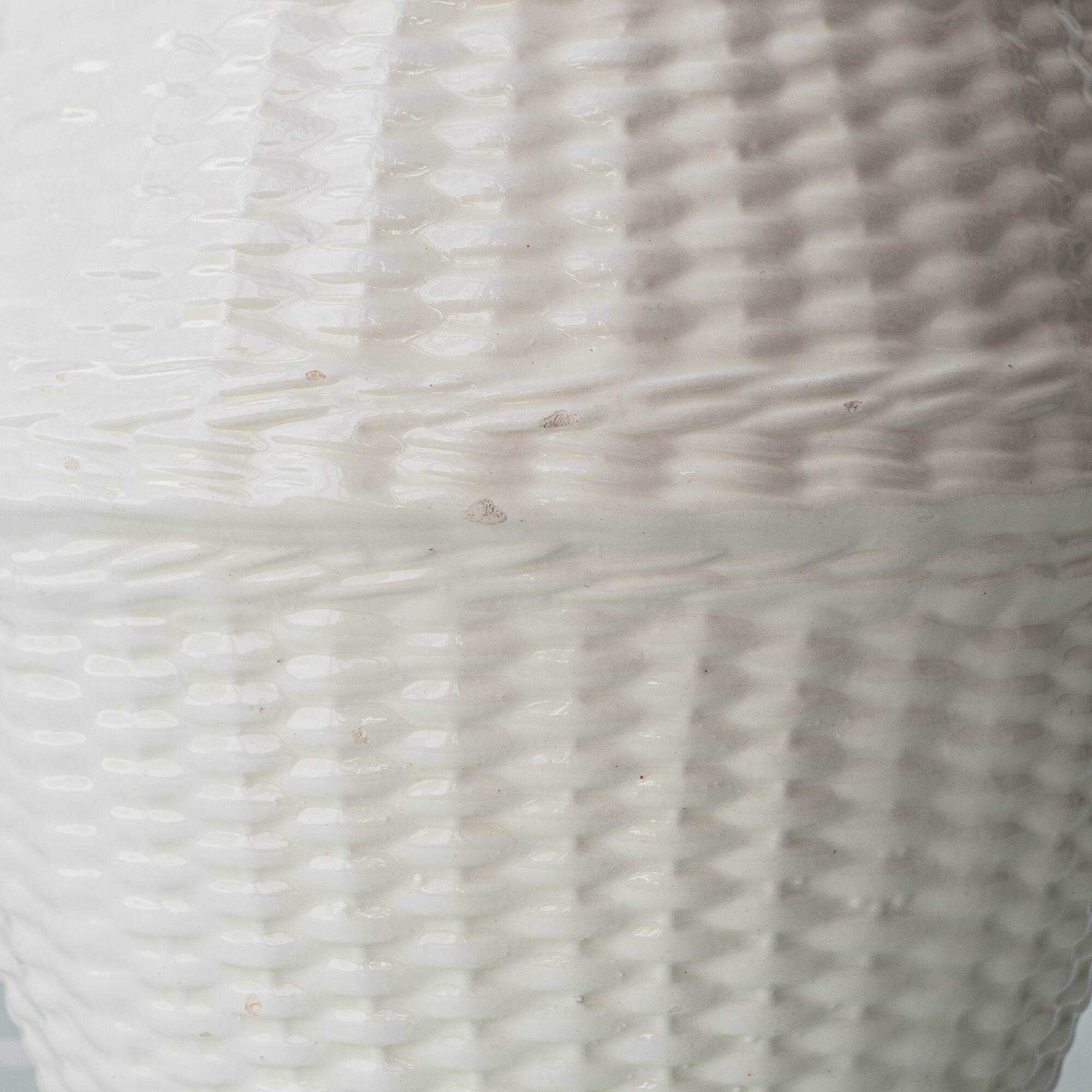 Pair of white ceramic table lamps with faux wicker texture, Spanish coastal design, 1970s