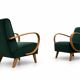 Fauteuil en bois courbé Jindrich Halabala de 1930 en velours vert émeraude