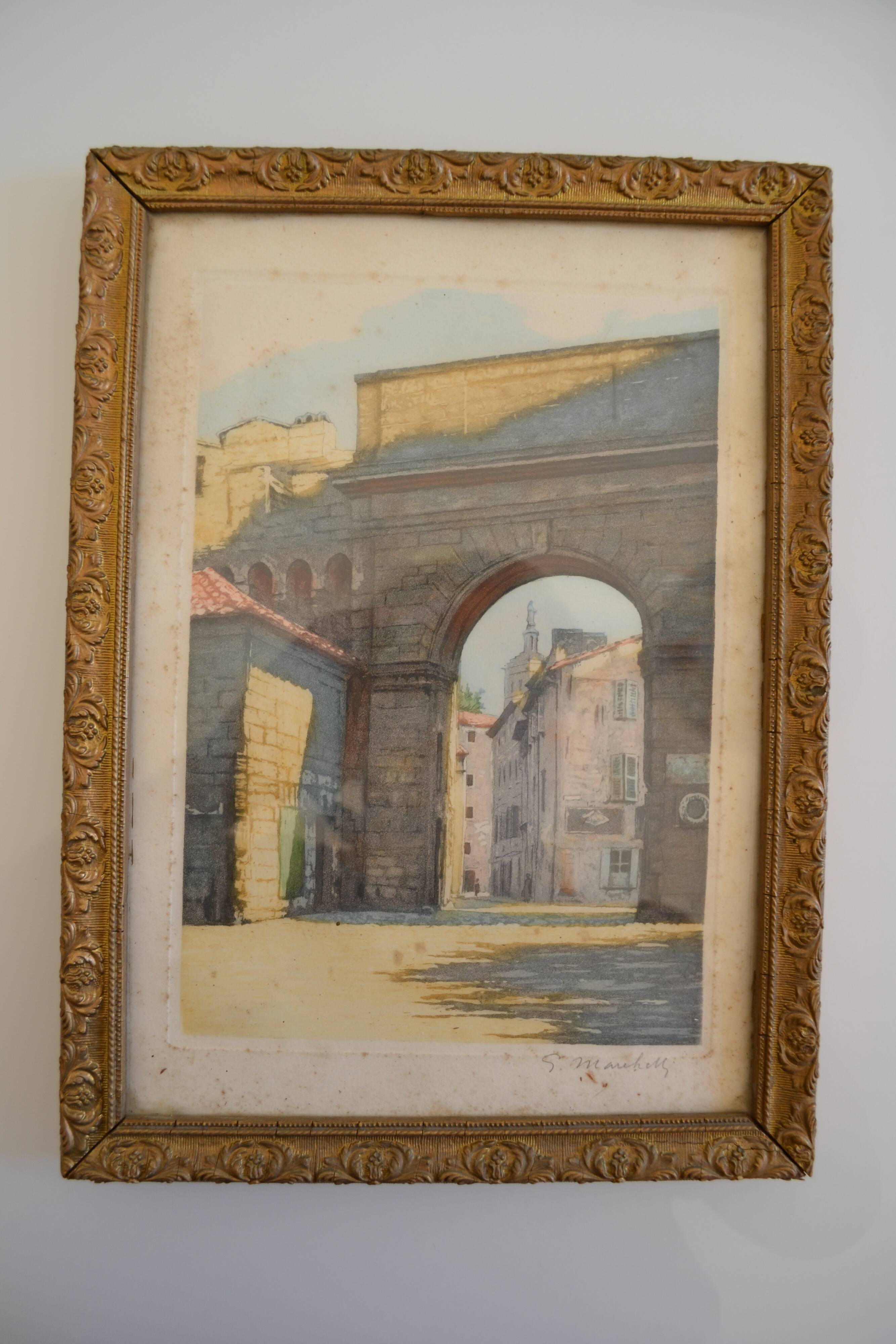 The Rhône Gate in Avignon around 1900, aquatint engraving signed.