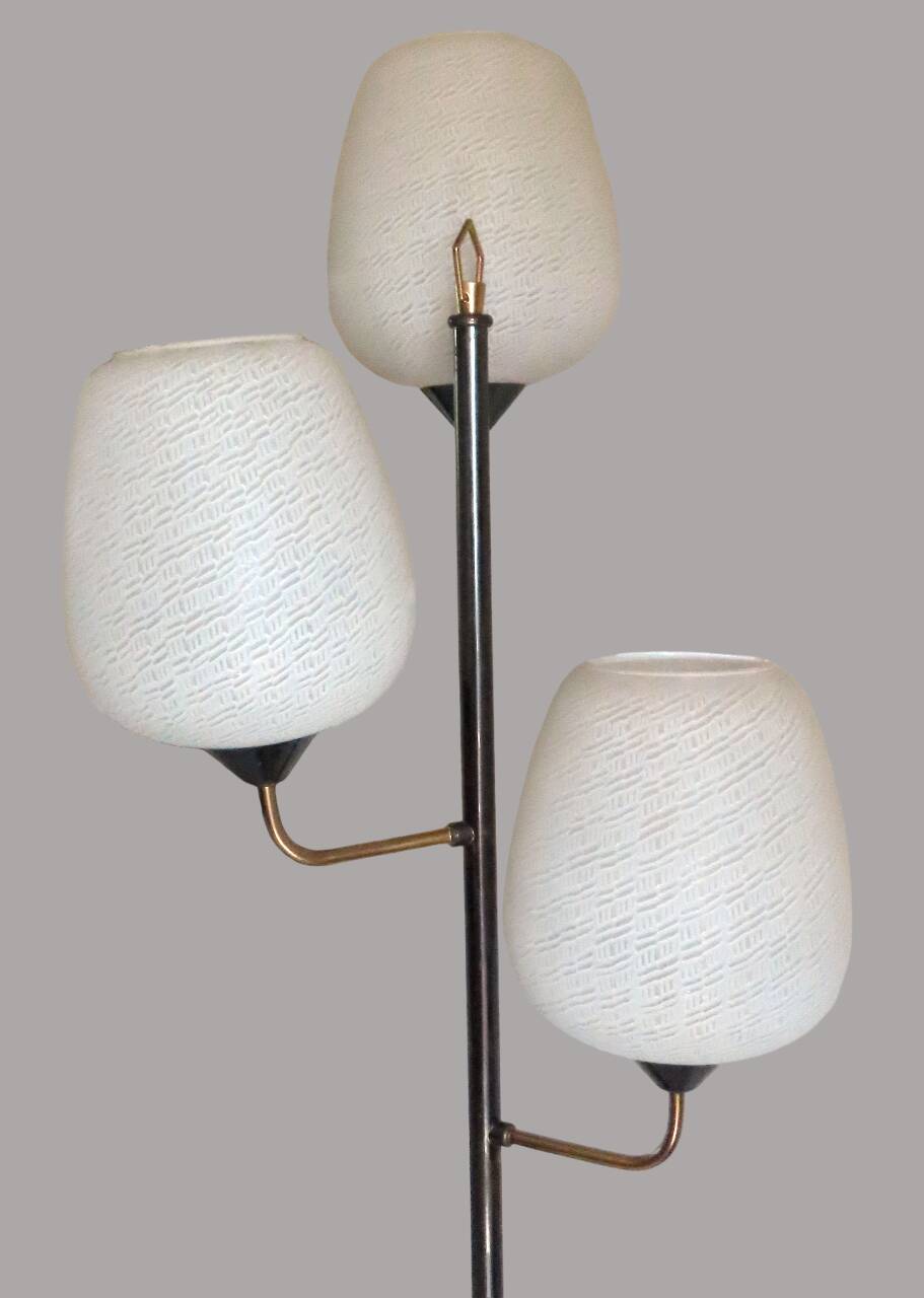 Vintage metal floor lamp with 3 lights and matt white opals