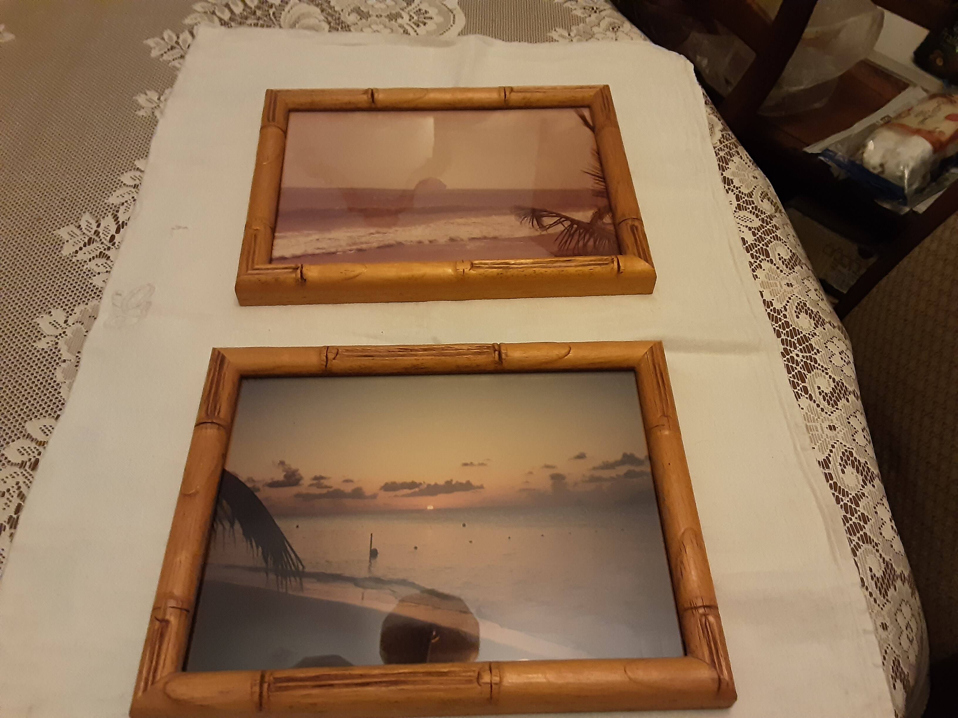 2 WOODEN BAMBOO FRAMES MARTINIQUE LANDSCAPE