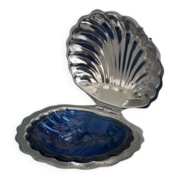 Beurrier vintage coquillage bleu cobalt verre et métal argenté