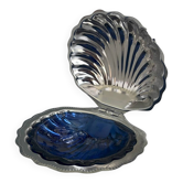 Vintage butter dish shell blue cobalt glass and silver-plated metal
