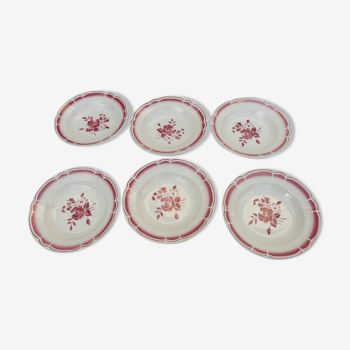 Set de 6 assiettes creuse badonviller fleurs rouge