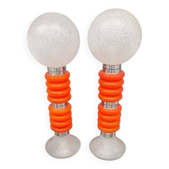 Paire de lampadaires vintage en verre de Murano orange italien de style Space-Age