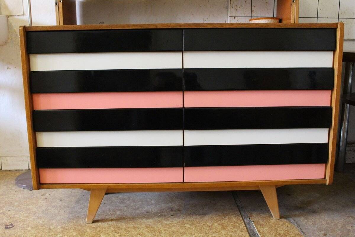 Enfilade U453 in wood by Jiří Jiroutek — lacquered black, white, and pink façades, 1960s