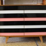 Enfilade U453 in wood by Jiří Jiroutek — lacquered black, white, and pink façades, 1960s