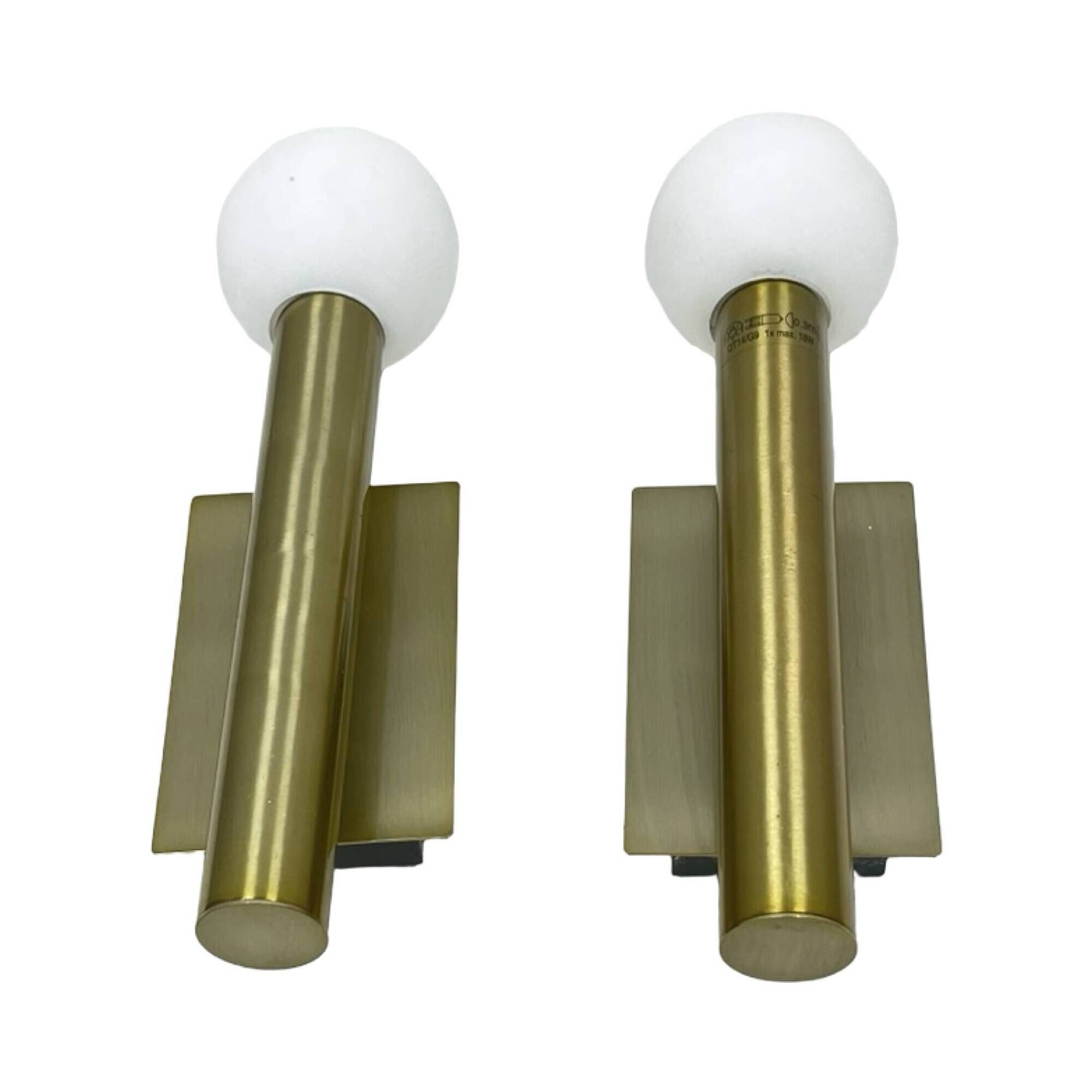 Pair of Lucky Brilliant wall sconces, brass and white globes, Art Deco styl
