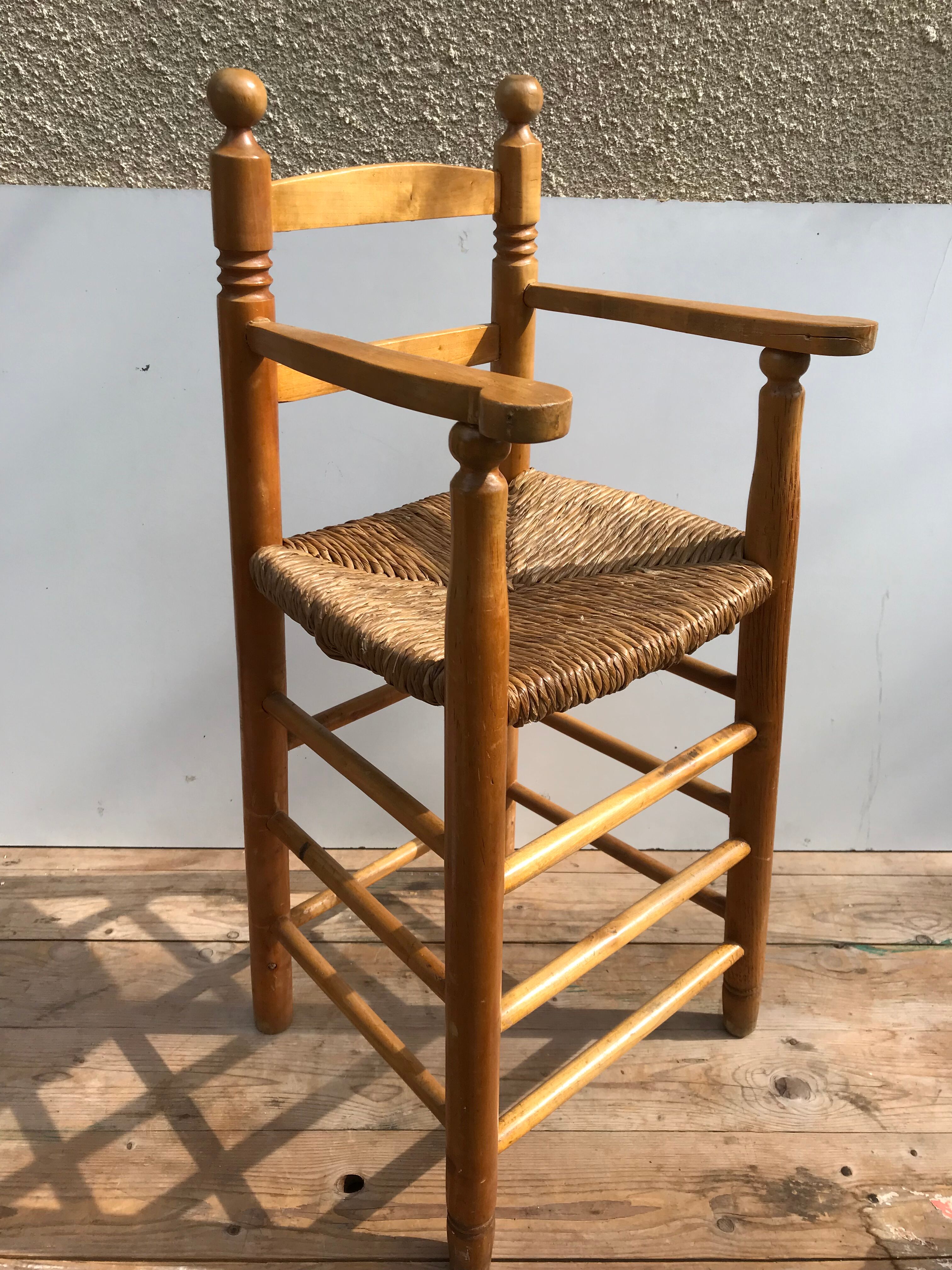 Chaise haute ancienne enfant années 50 en bois & paille vintage  Selency