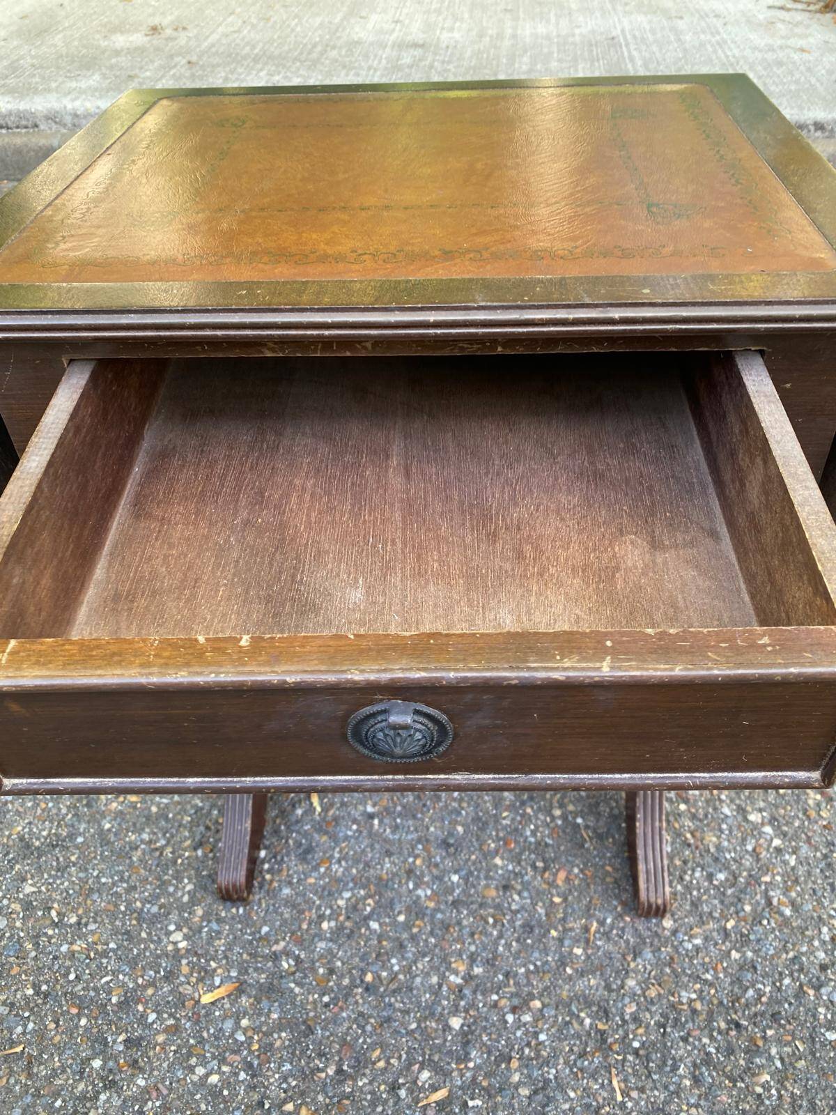Small drop-leaf side table in English style with leather top & drawer.