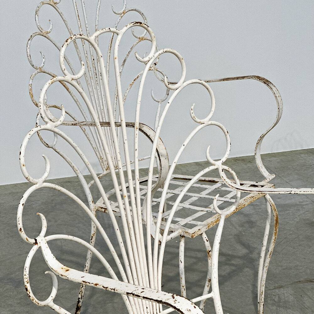 Rare exquisite set of six French peacock garden patio chairs, 1950s