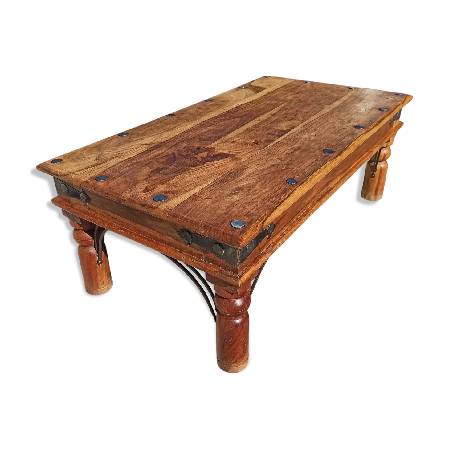 Medieval-inspired red oak coffee table with ironwork