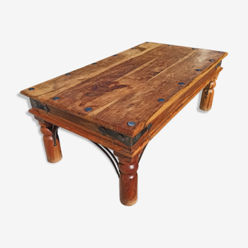 Medieval-inspired red oak coffee table with ironwork