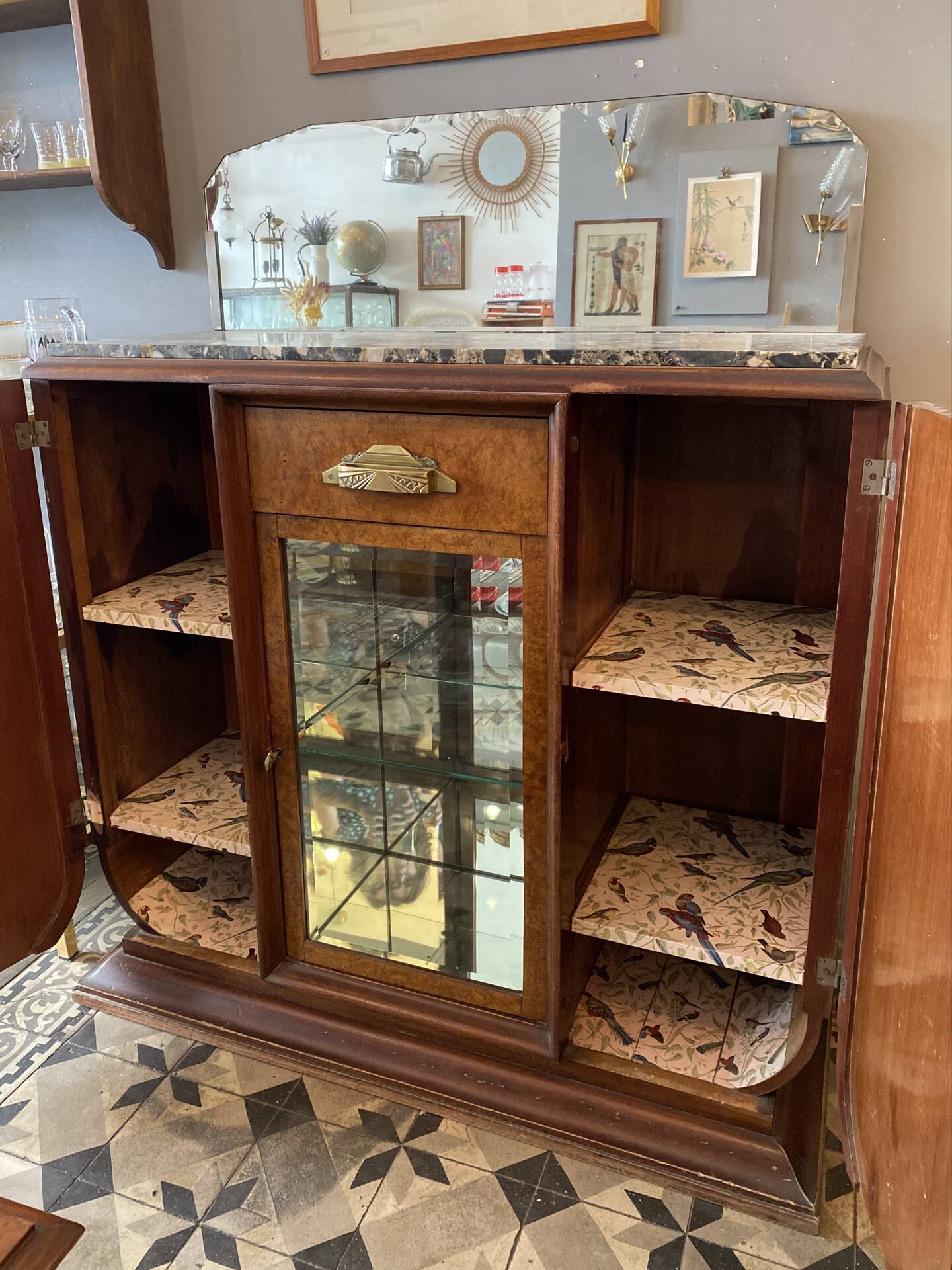 Art Deco wooden sideboard with mirror and marble