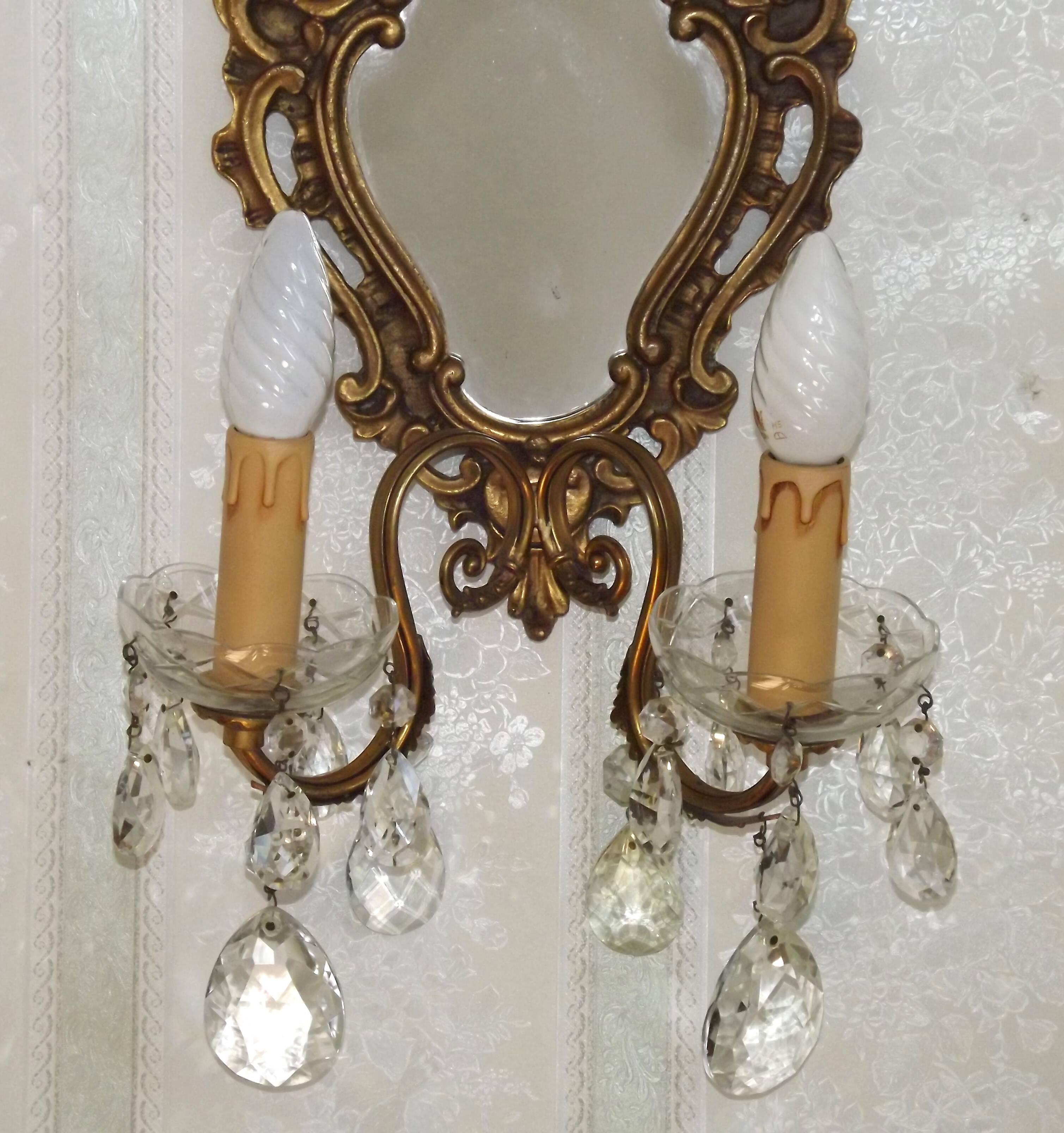 French Antique Gilt Bronze Baroque Double Light Crystal Mirror Wall Sconce 4807