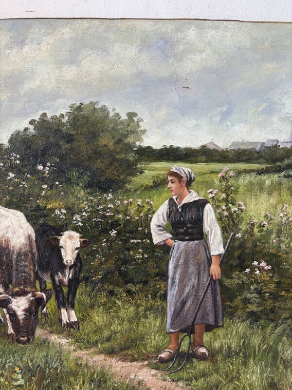 Les vaches bien gardées, paysage, huile sur toile signé