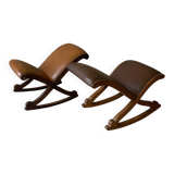 Set of 2 wooden and studded leather footrests