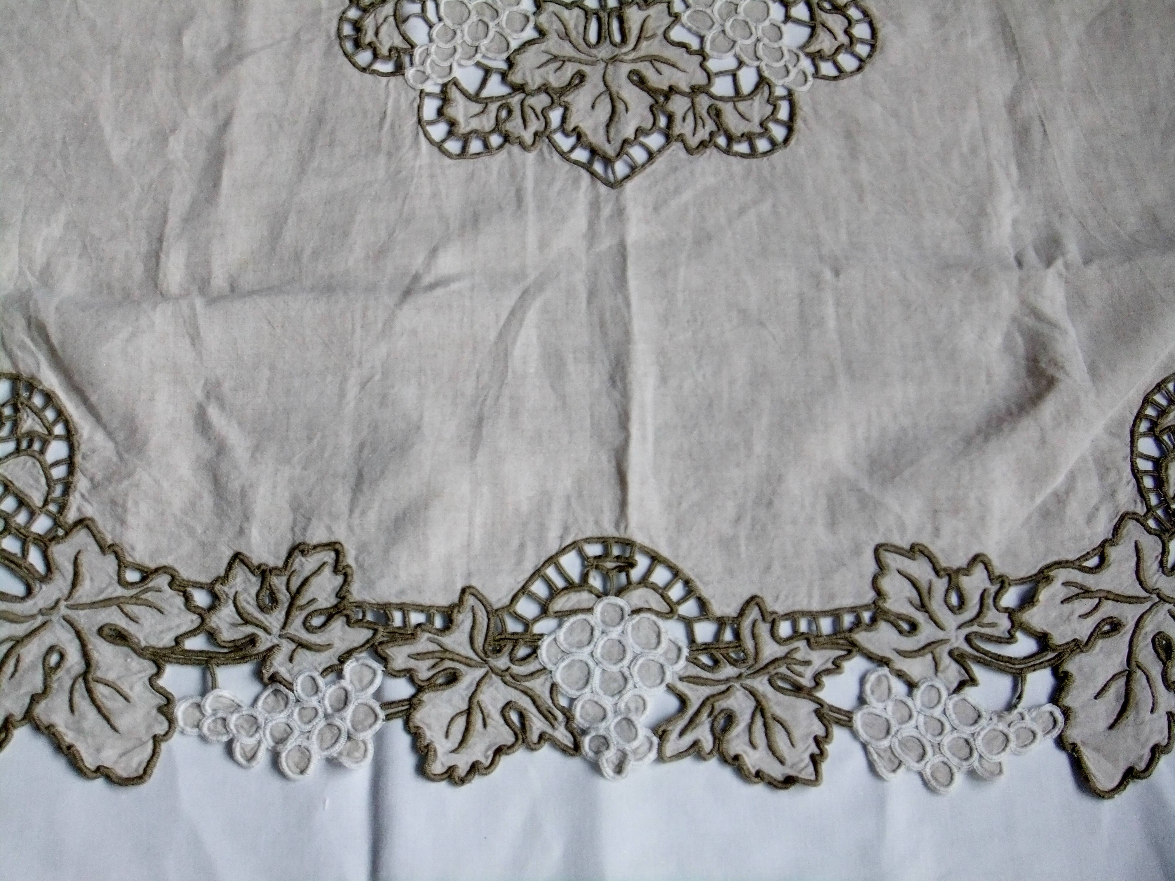 Antique linen tablecloth embroidery Richelieu scalloped linen centerpiece 128 cm