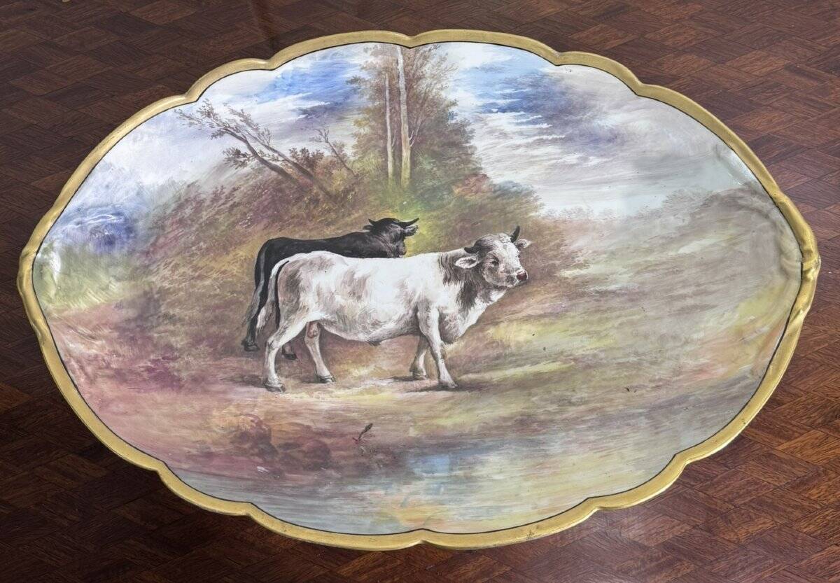 Large decorative plate made of hand-painted porcelain – Countryside scene with cattle