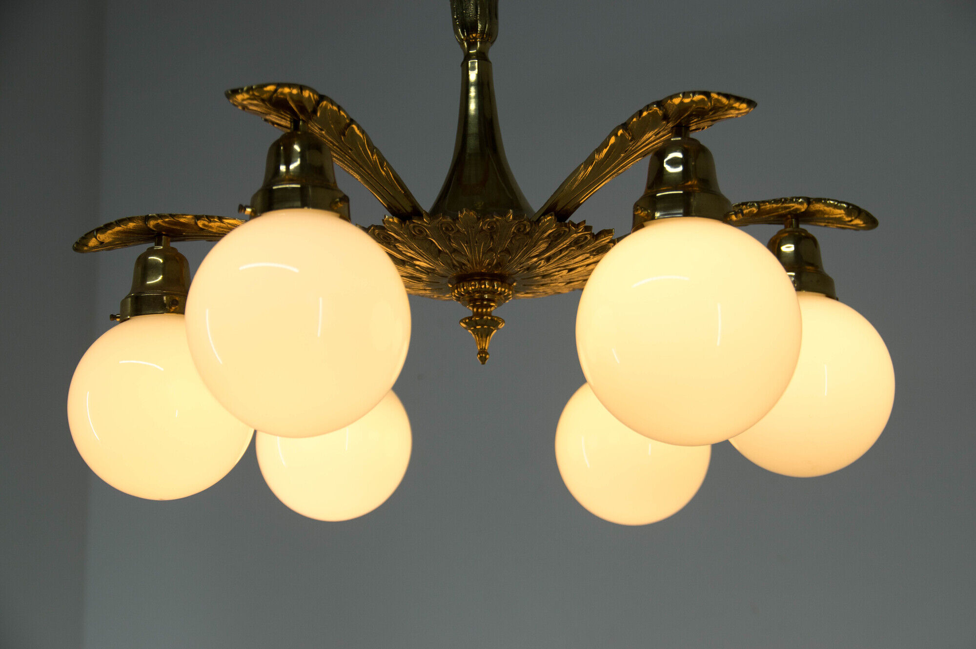 Art nouveau brass and glass chandelier