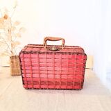 Vintage red woven wicker briefcase with leather buckle - rattan
