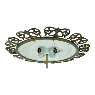 hollywood regency style FLUSH MOUNT ice glass shade brass frame