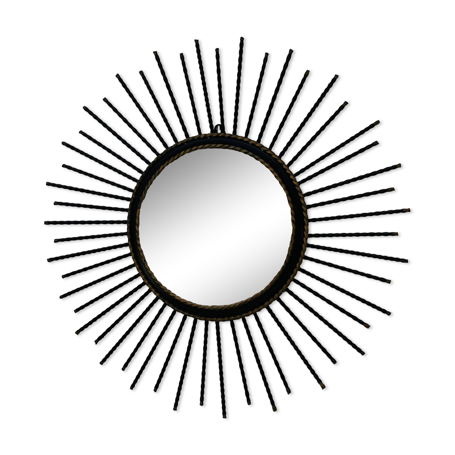 Vintage black and gold metal sun mirror from the 1960s.