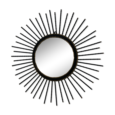 Miroir soleil vintage en métal noir et doré années 60