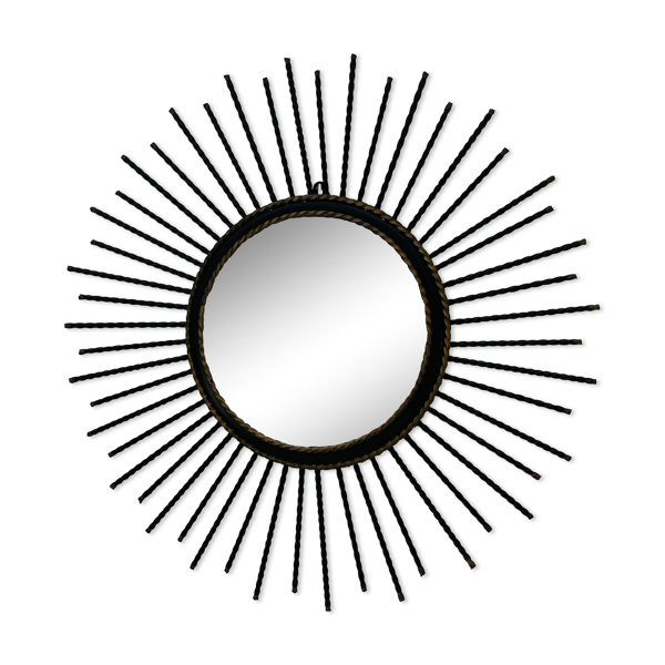 Miroir soleil vintage en métal noir et doré années 60