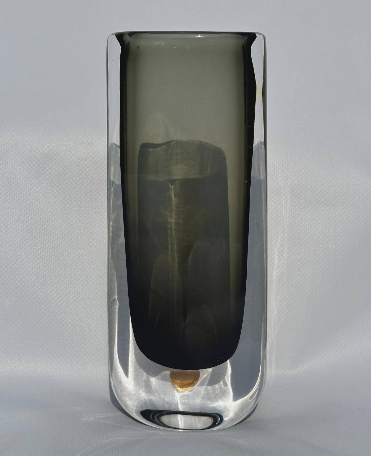 Nils Landberg for Orrefors smoky grey crystal vase, 1960s
