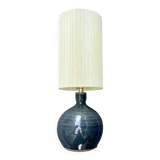 Lampe en grés pyrité bleu vintage 1970 abat-jour corde raphia rubans années 70 bohème