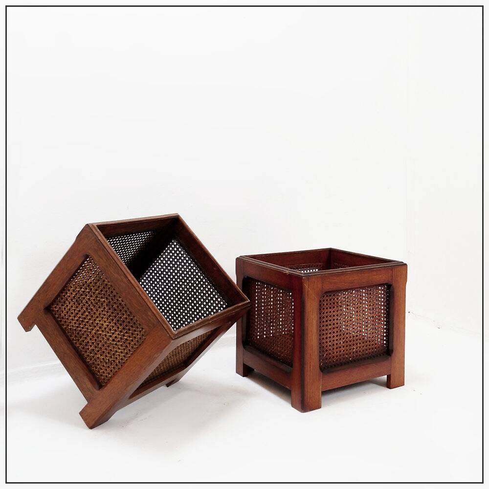 Pair of vintage wooden planters with woven rattan panels - 1970s