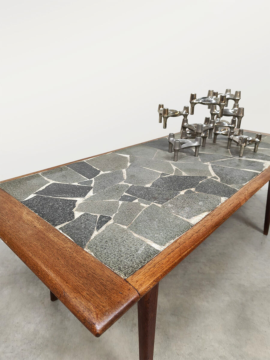 Vintage Danish design teak & slate stone coffee table