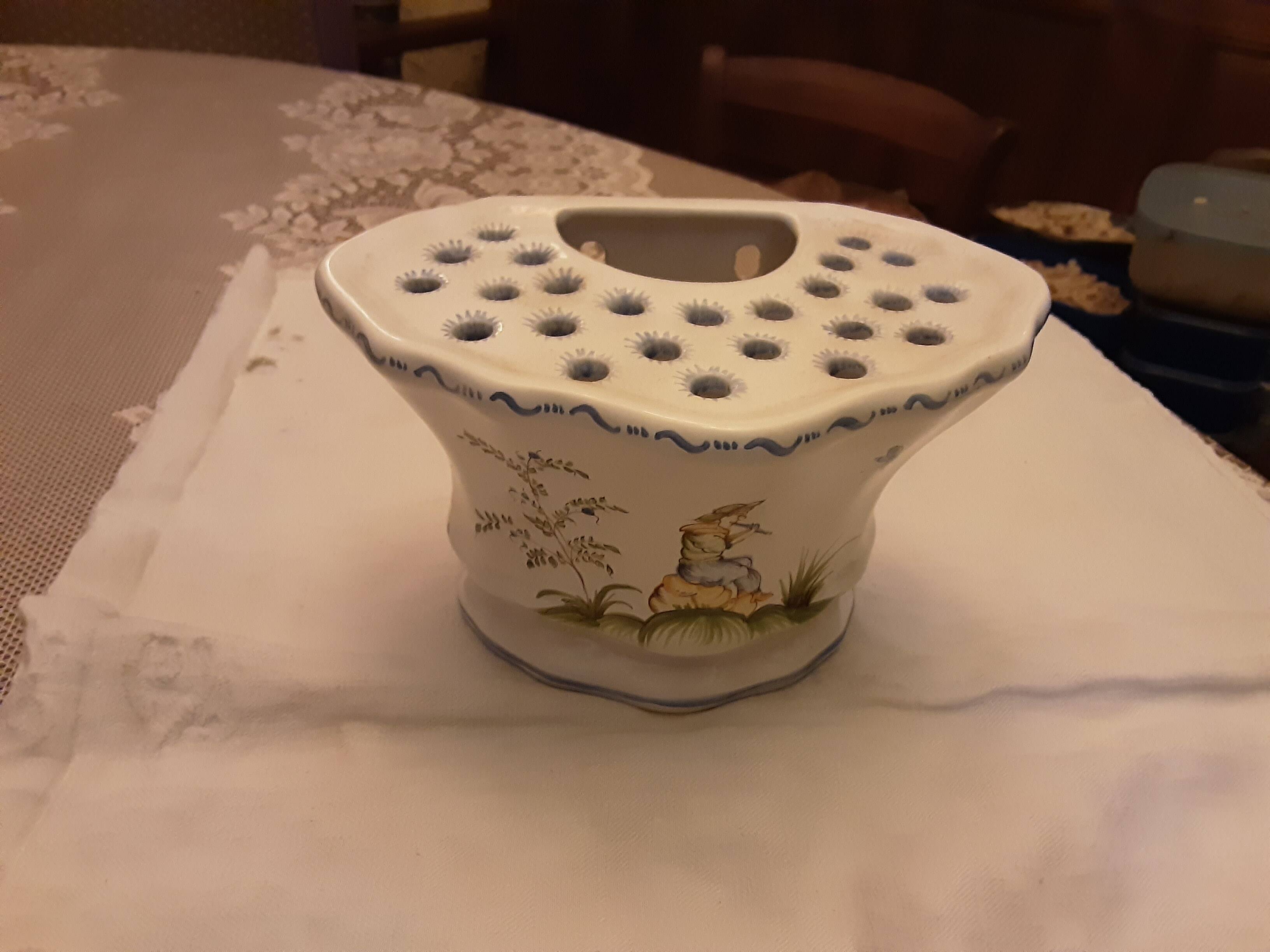 Handmade signed moustier pottery bouquet holder