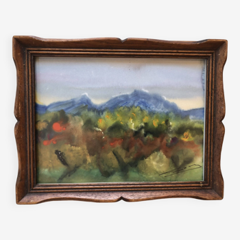 Gouache sur papier 1977  : alpilles au printemps signé godeau,  montagne bouches du rhône 13, cadre