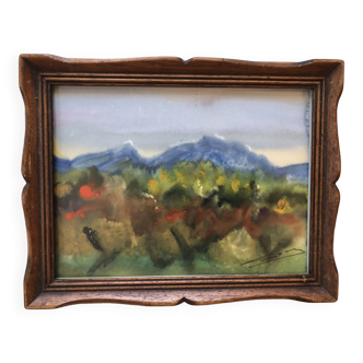 Gouache on paper 1977: alpilles in spring signed godeau, mountain bouches du rhône 13, frame