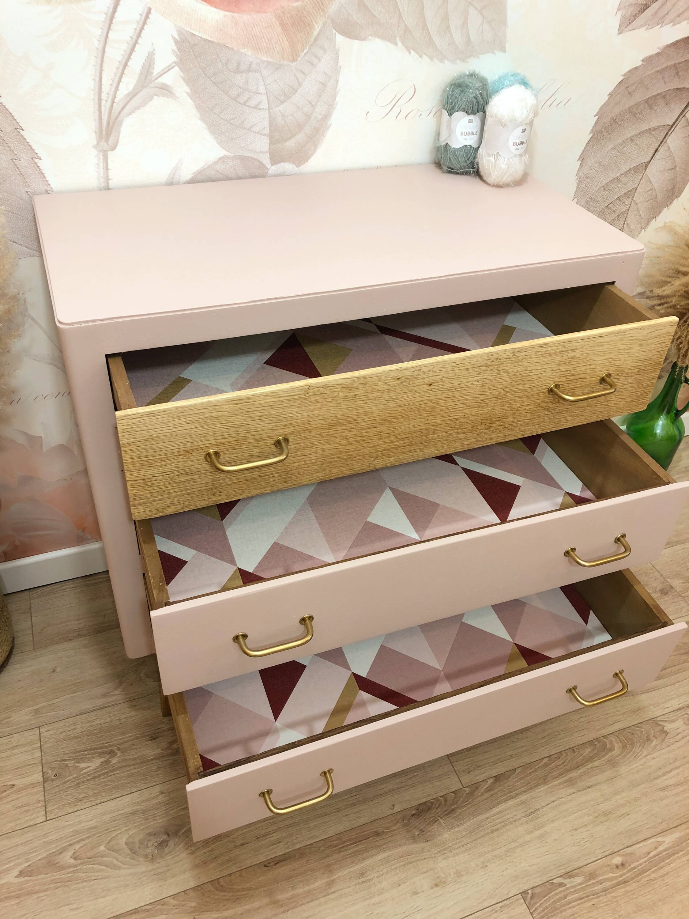 1960s chest of drawers, compass feet, rose liberté