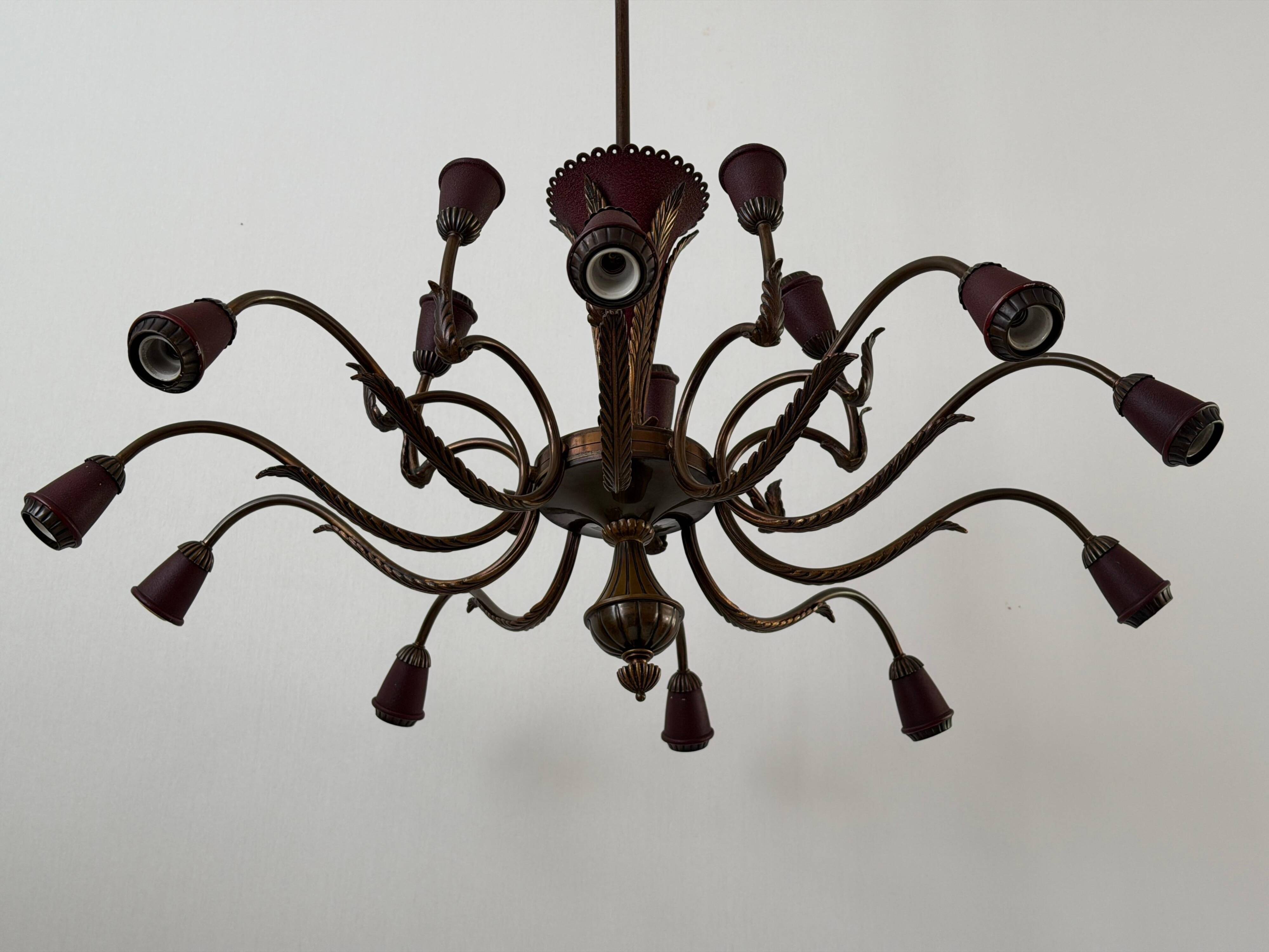 Large Burgundy brass chandelier with 15 arms, 1950, Italy