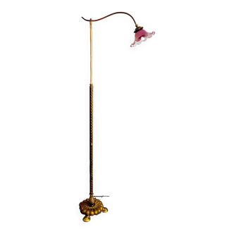 Art-Deco floor lamp, Swan Neck in bronze with its opaline lampshade with floral relief decoration