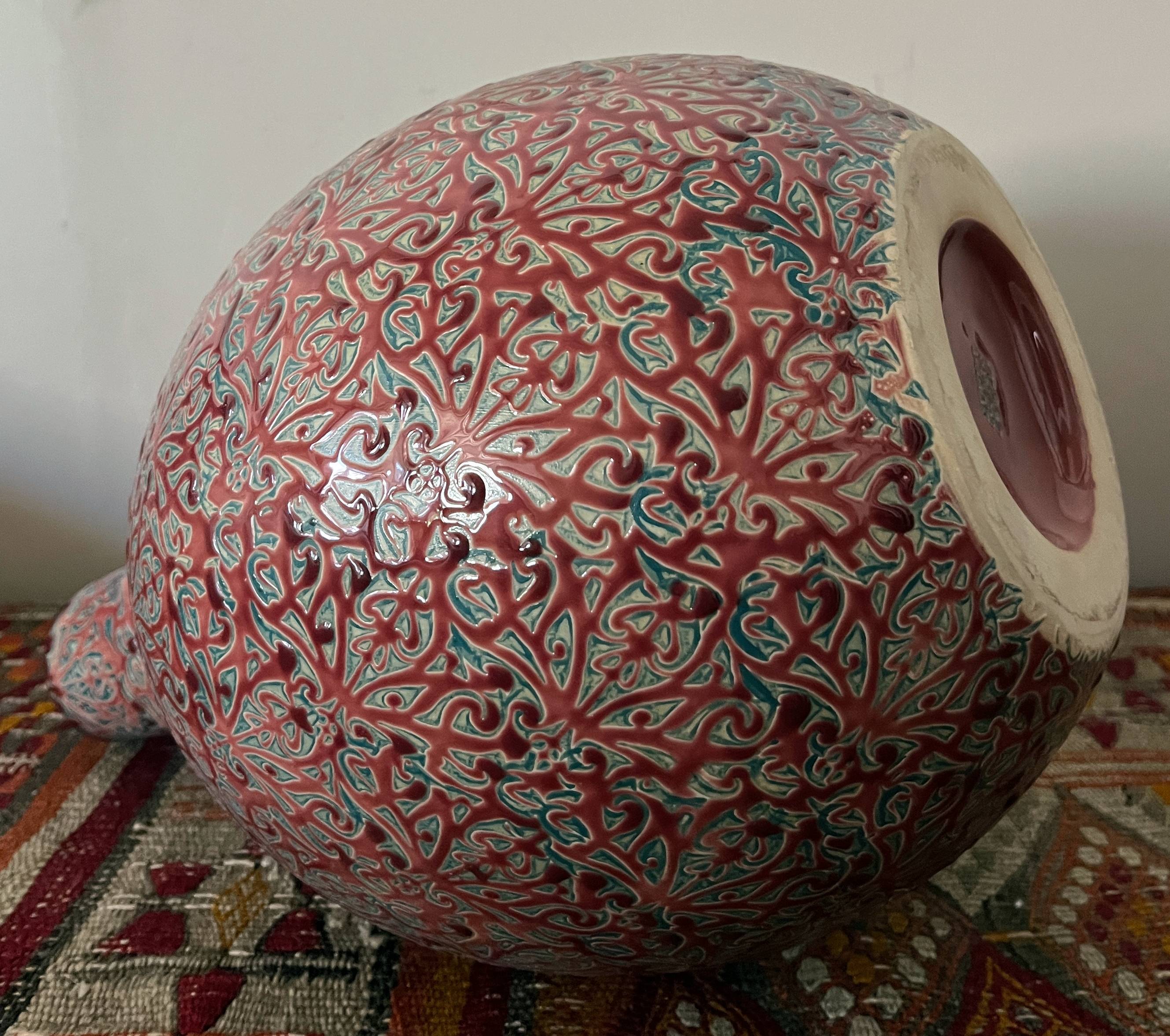 Large ceramic art vase with signed enamel interlacing