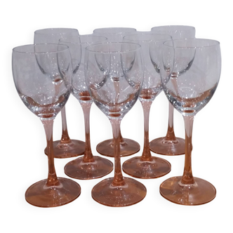 Very Beautiful Set of 8 Vintage Pink Stemmed Wine Glasses