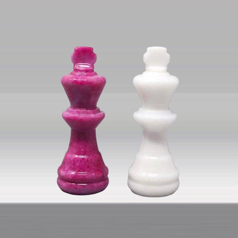 Superbe jeu d'échecs rose et blanc des années 1970 en albâtre de Volterra fabriqué à la main en Italie