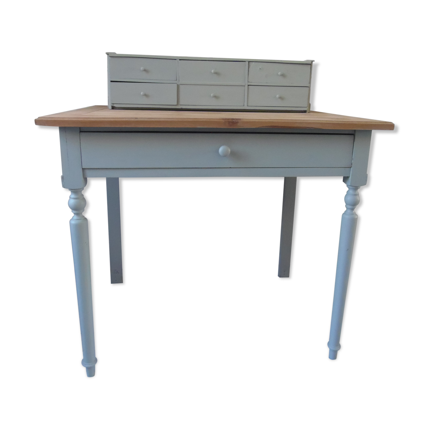 Bureau à gradin patiné vert de gris , plateau bois.