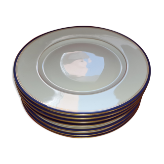 Set de 11 assiettes plates Limoges Manufacture royale. Filets or mat et bleu.