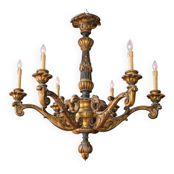 Lustre en bois Venitien de château, sculpté et doré, style baroque — Beyit